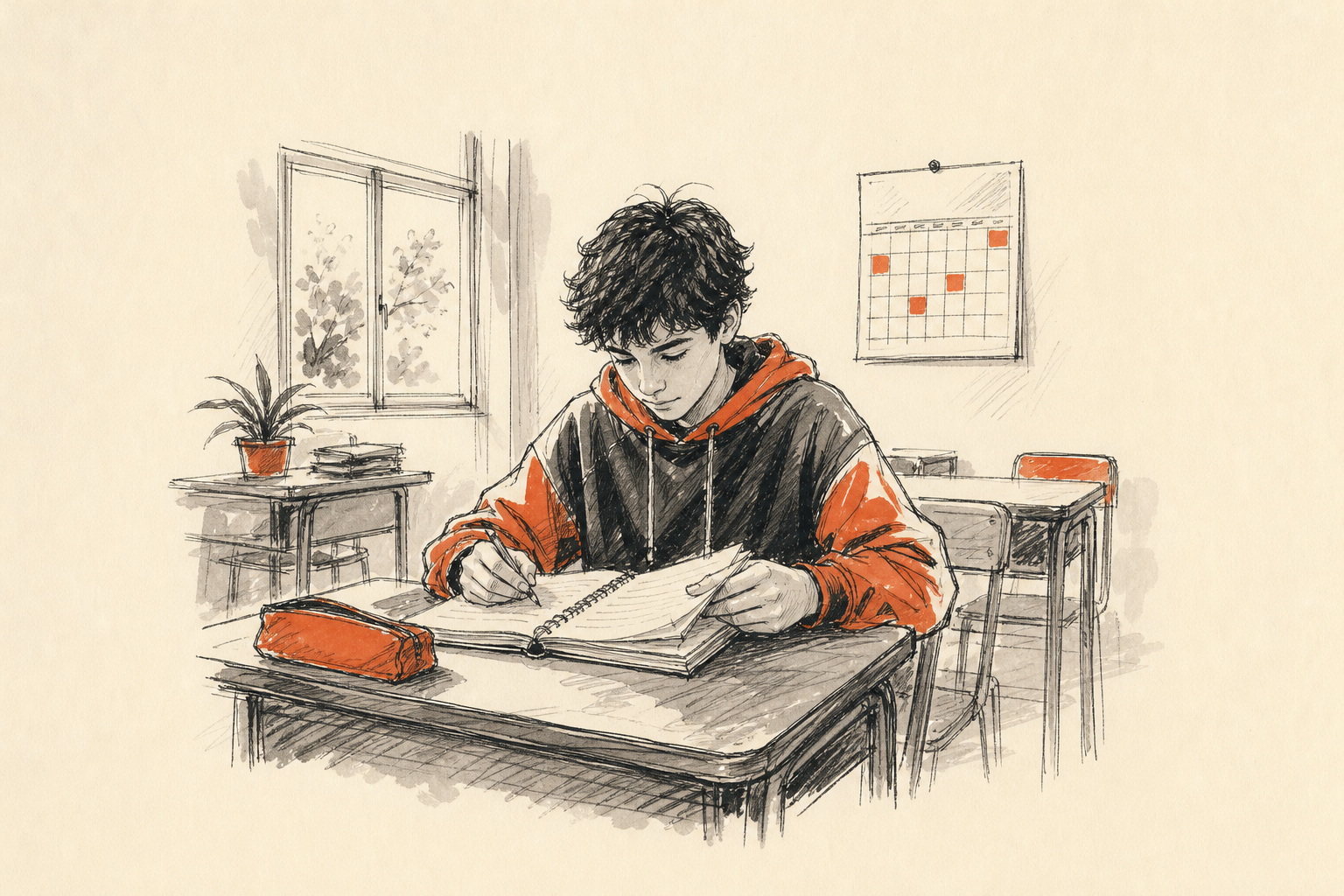 Estudiante de secundaria revisando su calendario de asistencia escolar