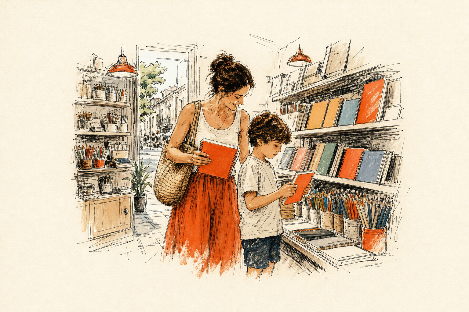 Familia comprando útiles escolares en una librería antes del inicio de clases