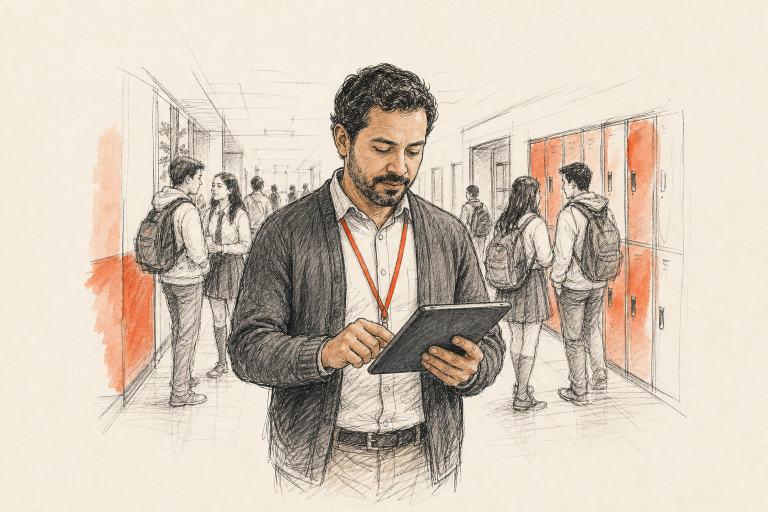 Preceptor registrando la asistencia de los estudiantes en una tablet