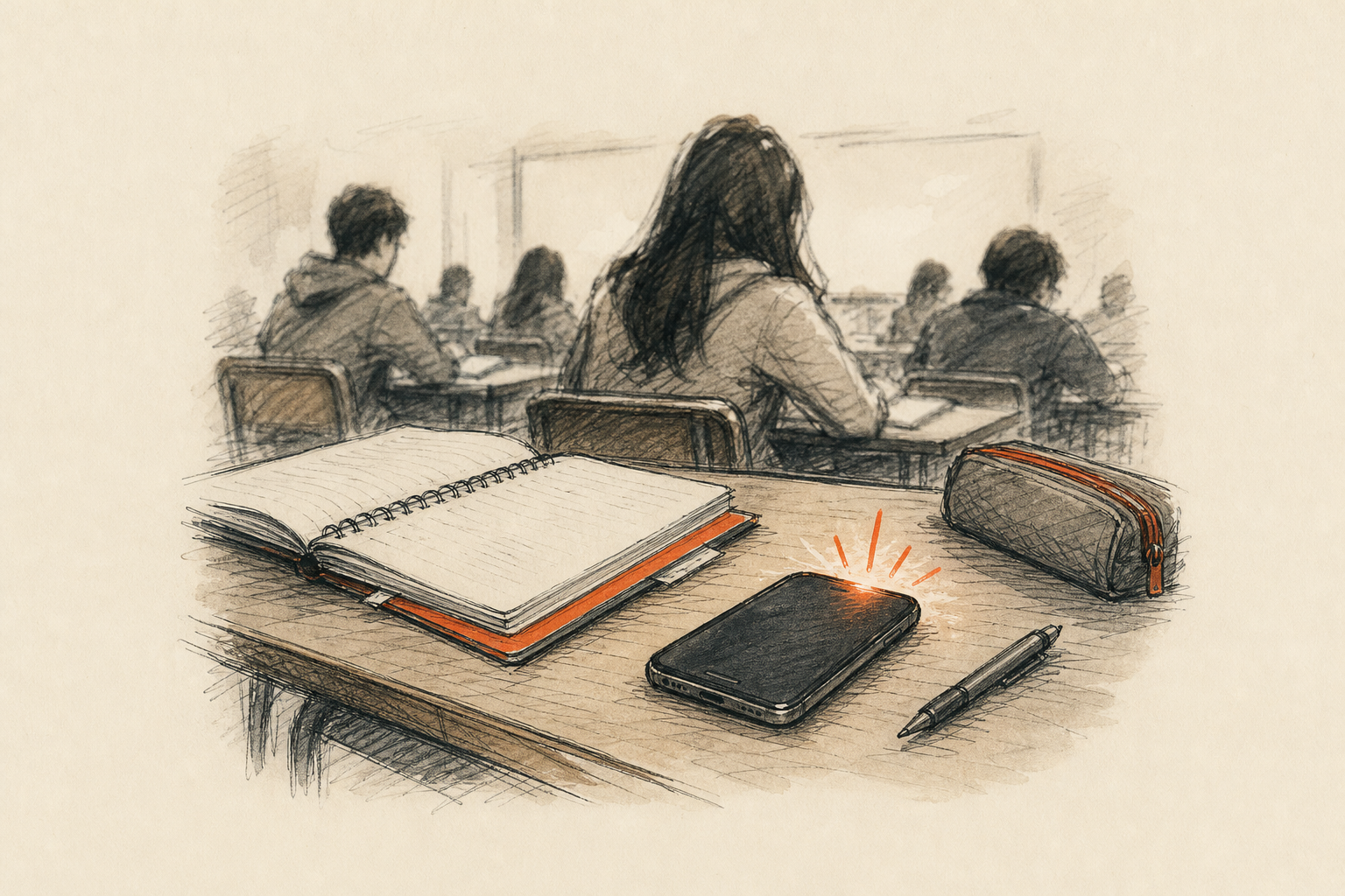 Celular con notificación sobre un pupitre que distrae a un estudiante en clase