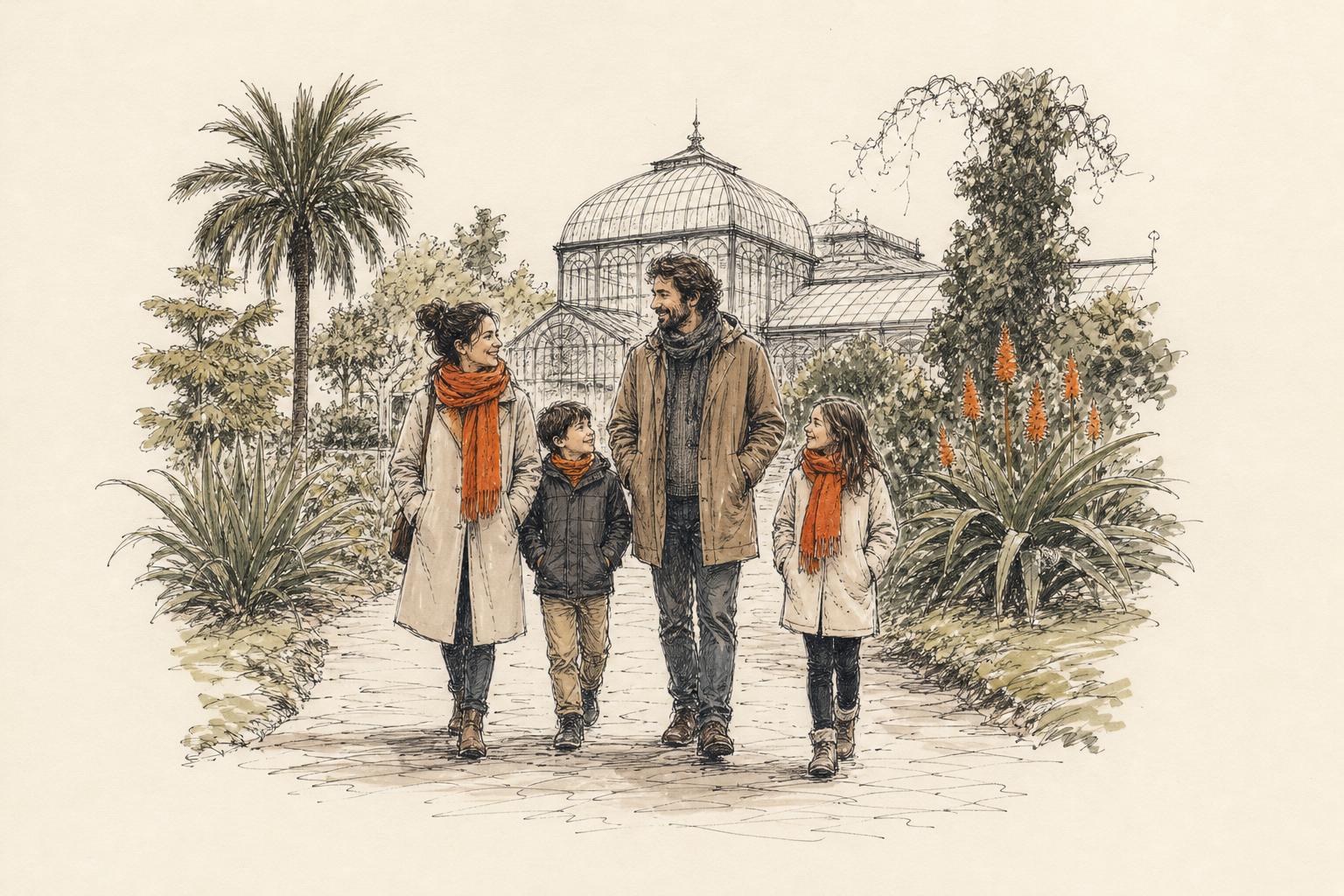 Familia paseando por un jardín botánico durante las vacaciones de invierno en Buenos Aires