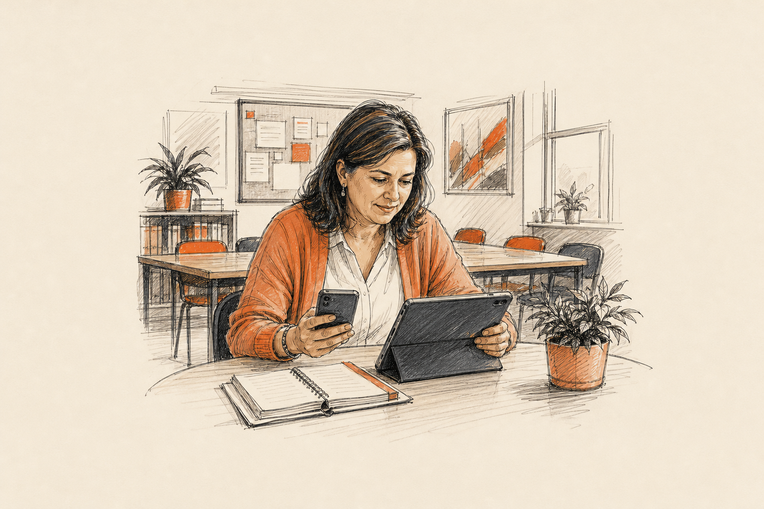 Coordinadora escolar organizando el calendario del ciclo lectivo en tablet y teléfono