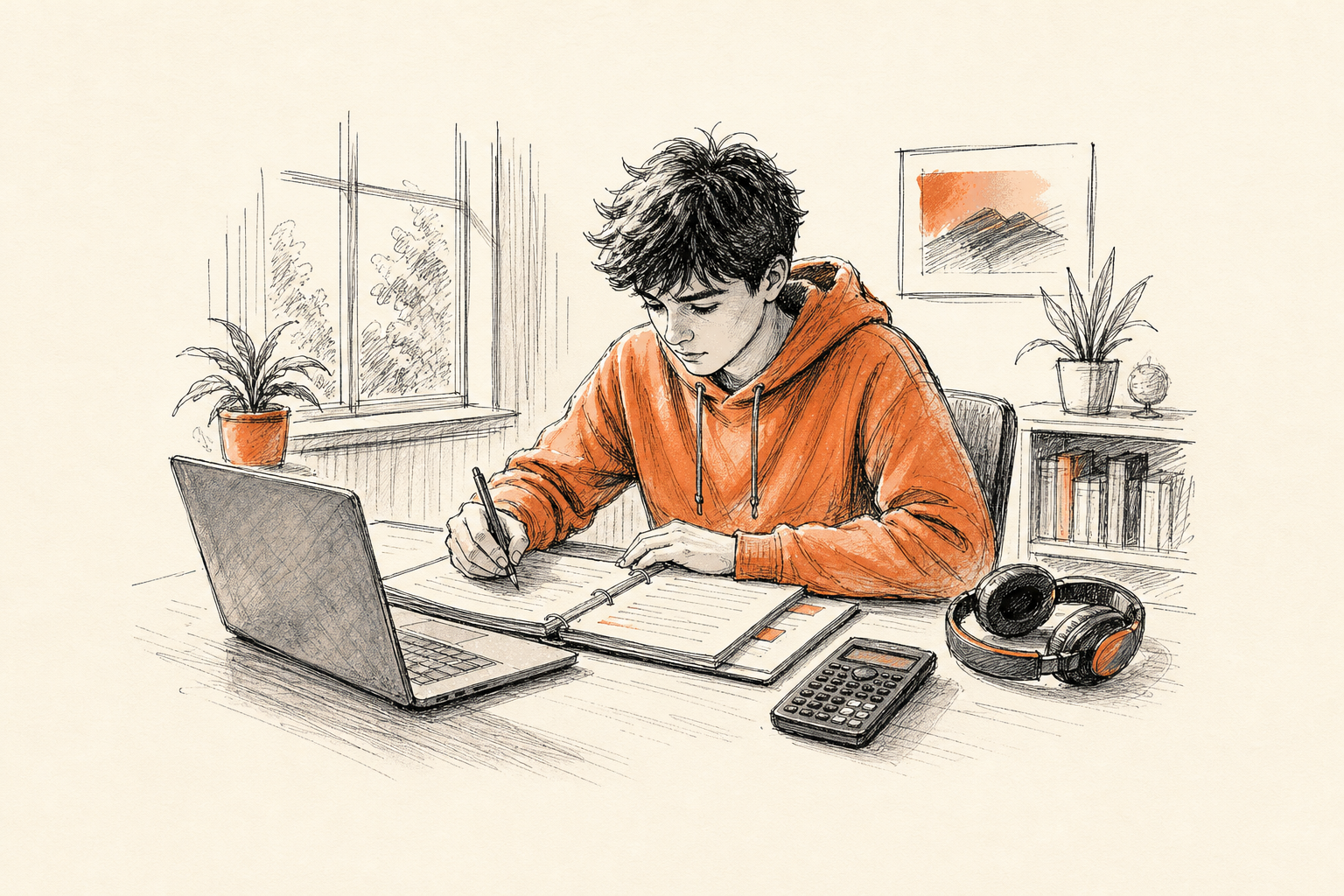 Estudiante de secundaria con notebook y calculadora científica para el ciclo lectivo
