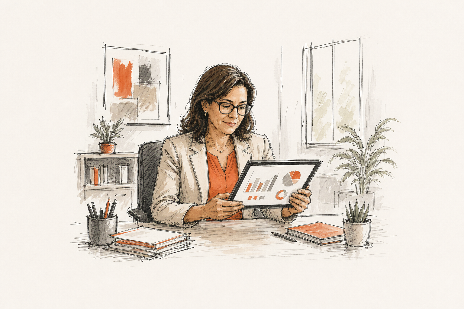 Directora revisando datos institucionales en una tablet para dar seguimiento al PEI