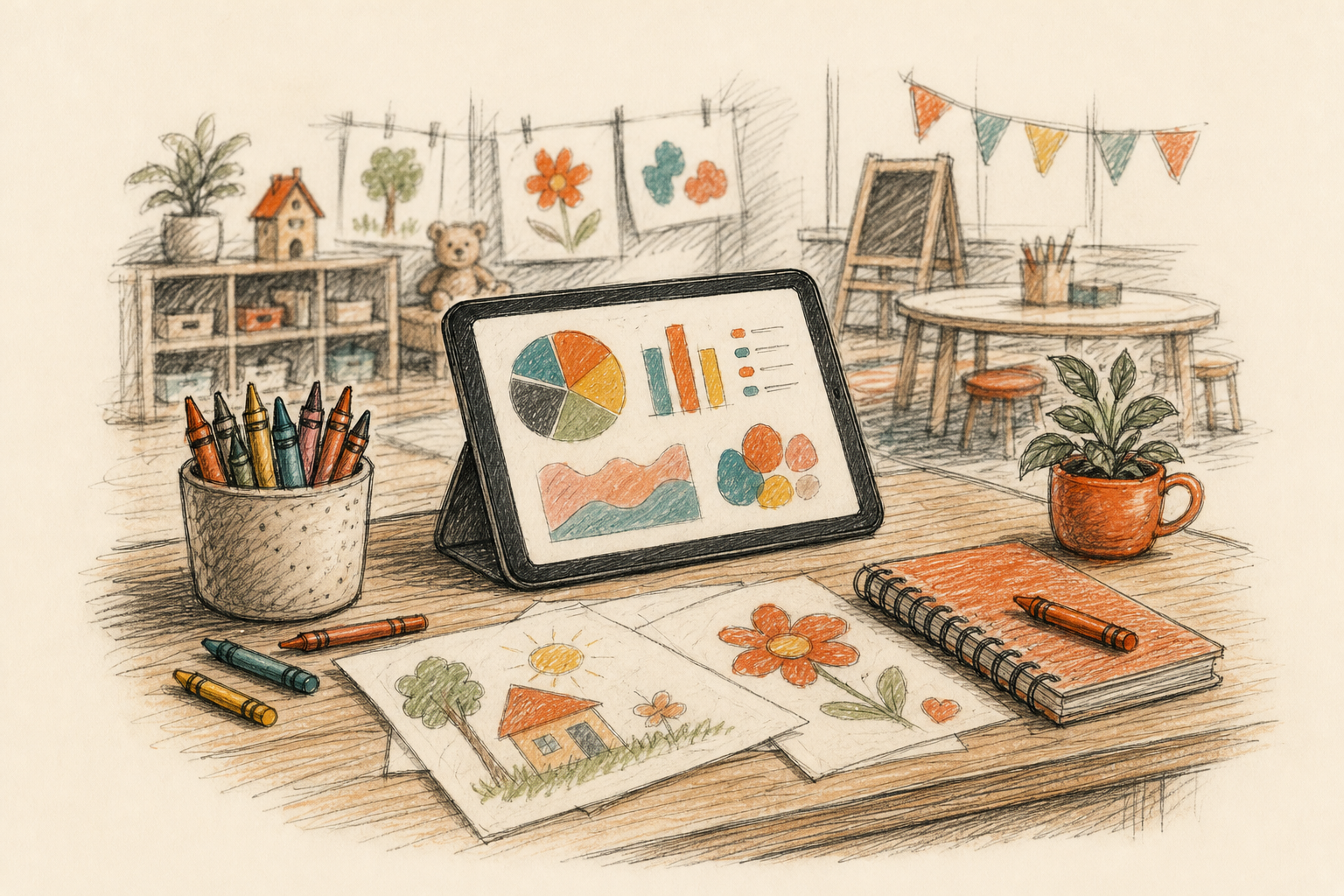 Escritorio docente con dibujos infantiles y tablet para compartir informes con las familias