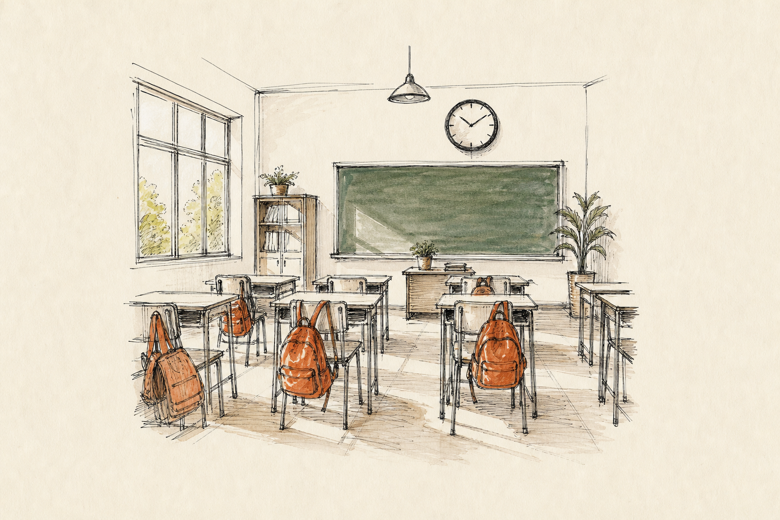 Aula escolar con reloj de pared que representa las horas de clase anuales