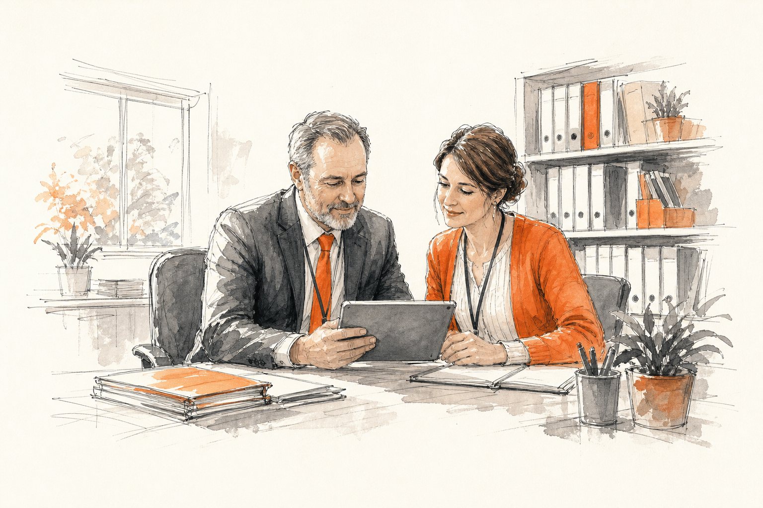 Directiva y docente revisando información escolar en una tablet