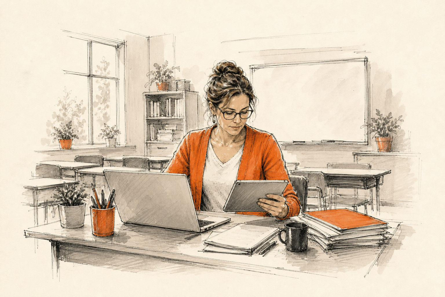 Docente revisando calificaciones de sus alumnos en una tablet