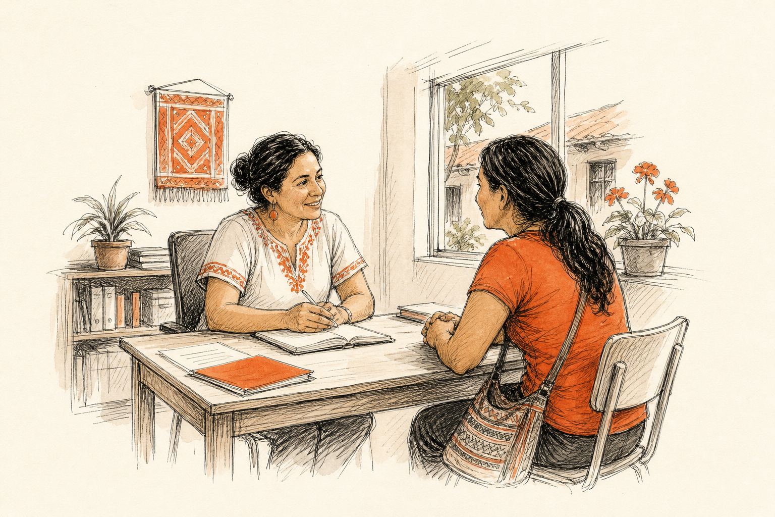 Docente y adulto responsable conversando en una reunión escolar