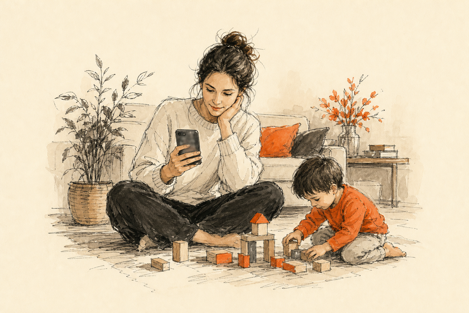 Madre revisando en el celular la comunicación del jardín mientras su hijo juega