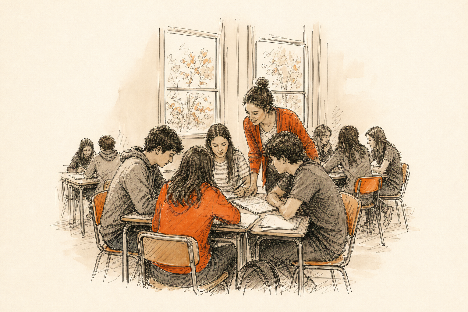 Estudiantes de secundaria en clase como parte de un ejemplo de plan de mejora institucional