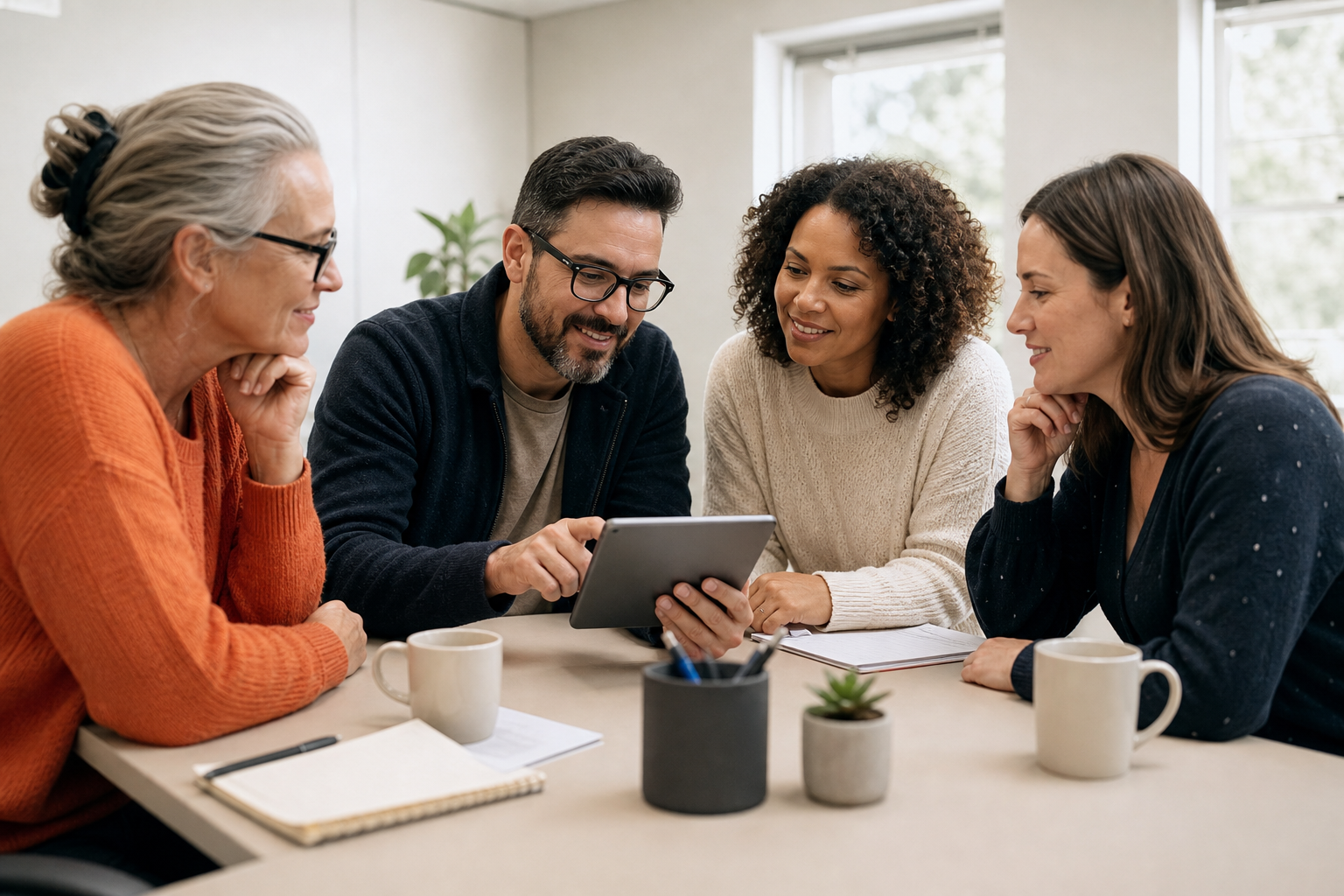 Equipo docente probando una app escolar en una reunión de evaluación