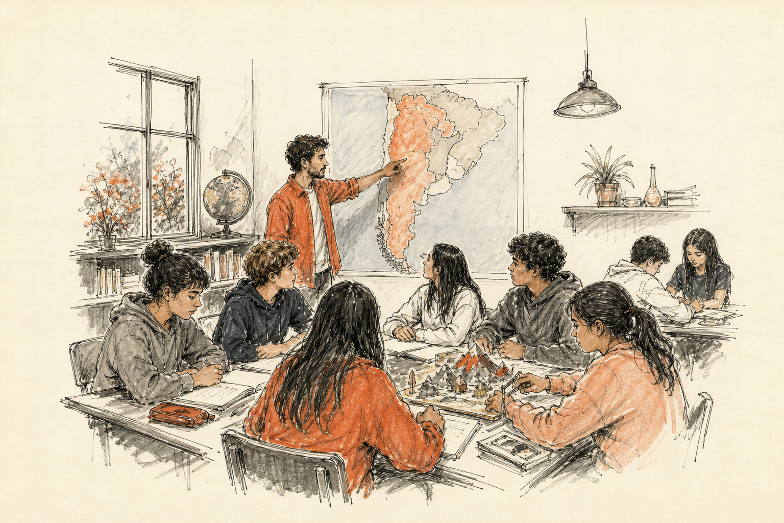 Docente combinando mapa, explicación oral y práctica para todo el grupo en el aula