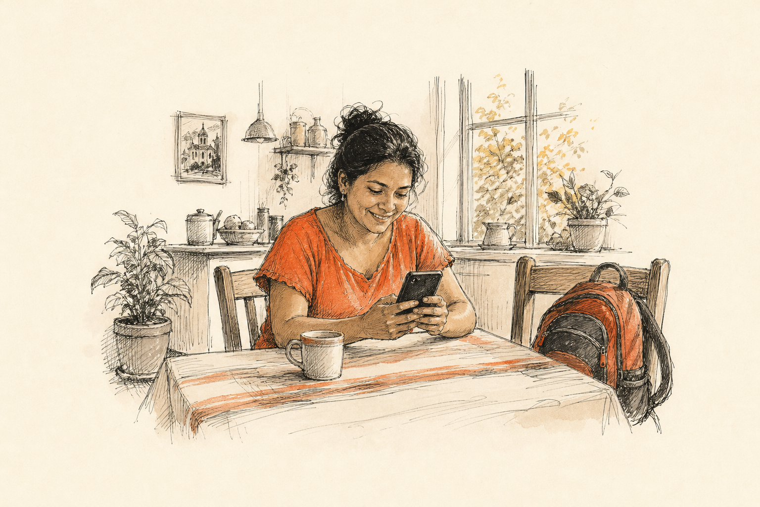 Madre consultando en el celular los comunicados de la escuela desde su casa