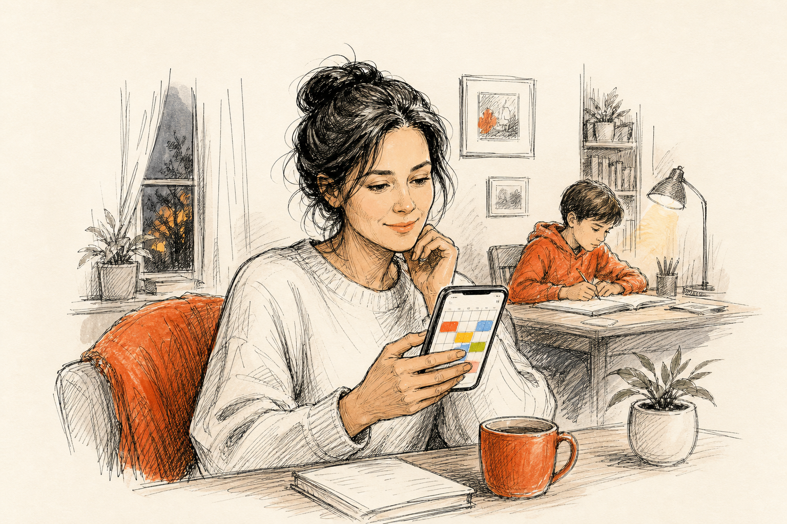 Familia consultando en el celular los eventos del calendario escolar de la escuela