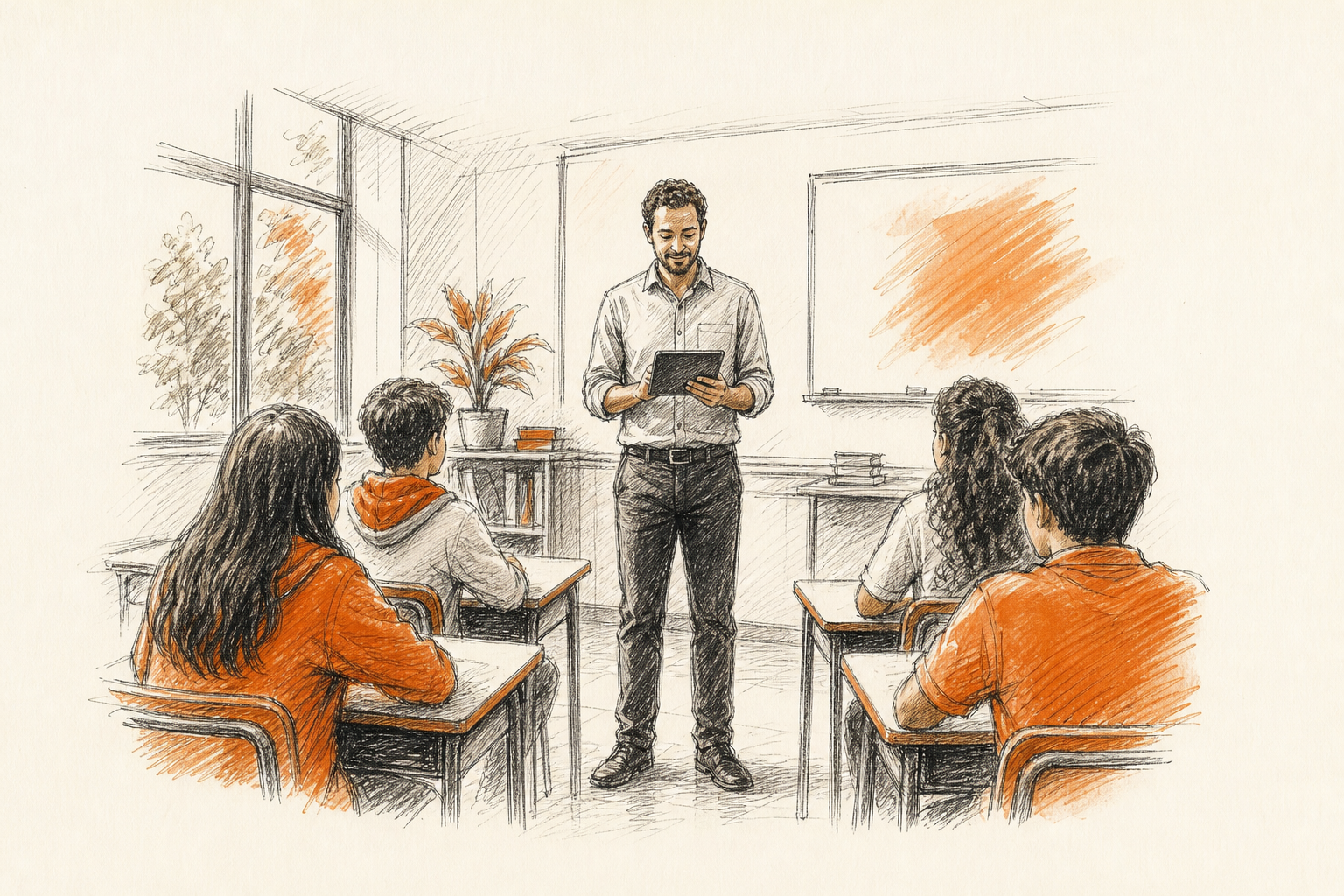 Docente registrando la asistencia de estudiantes de secundaria desde una tablet